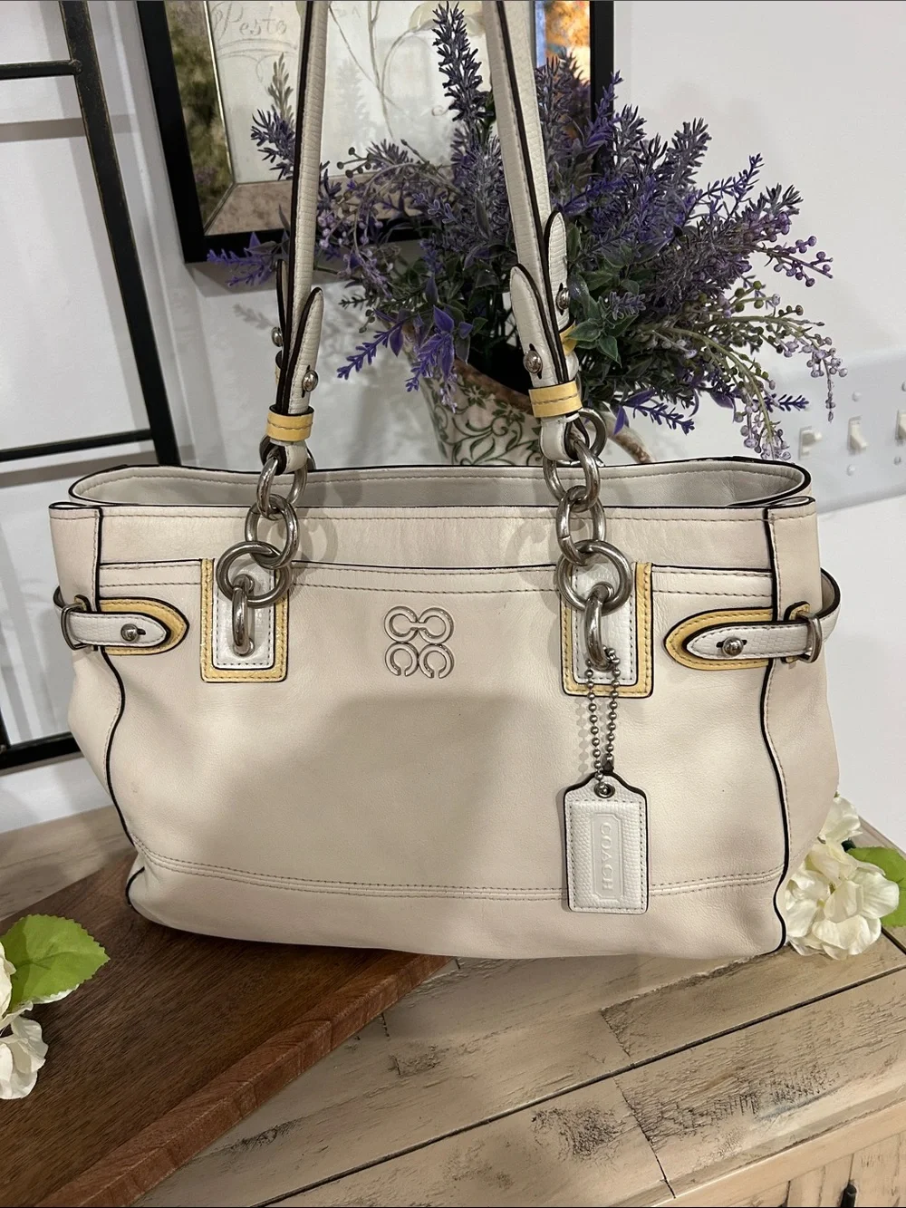 Coach Cream Leather Shoulder Tote with Yellow Accents
